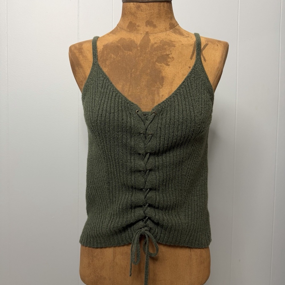 American Eagle Outfitters Green Ribbed Lace-Up Sweater Cami Sz M Layering Boho
